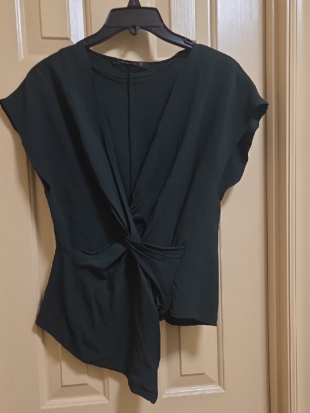 ZARA Woman Dark Green Twist Front Blouse V-Neck Draped Top Size M